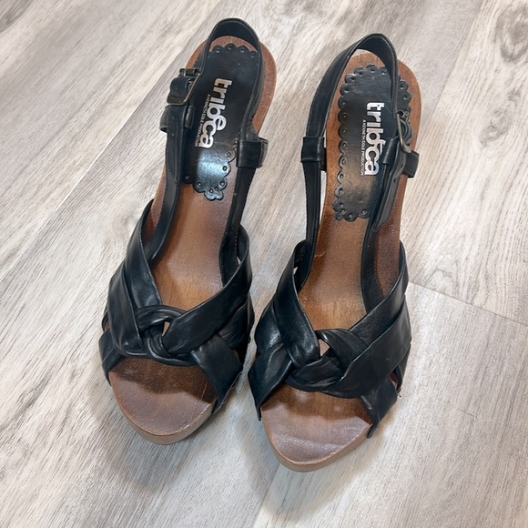 Vintage Y2K Kenneth Cole Tribeca Slingback Heels Black Leather Wooden Platform - Picture 6 of 12